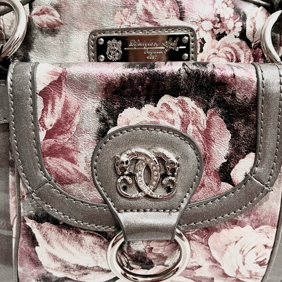 Sharif 1827 Pink/Silver Floral Shoulder Bag With Detachable Mirrored Pouch NWOT - Picture 13 of 14